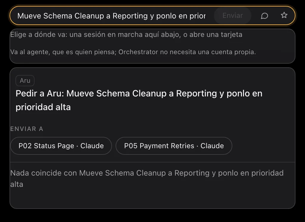 La barra de comandos con una pregunta escrita, y debajo la opción de pasársela a tu mano derecha y las notas que coinciden.
