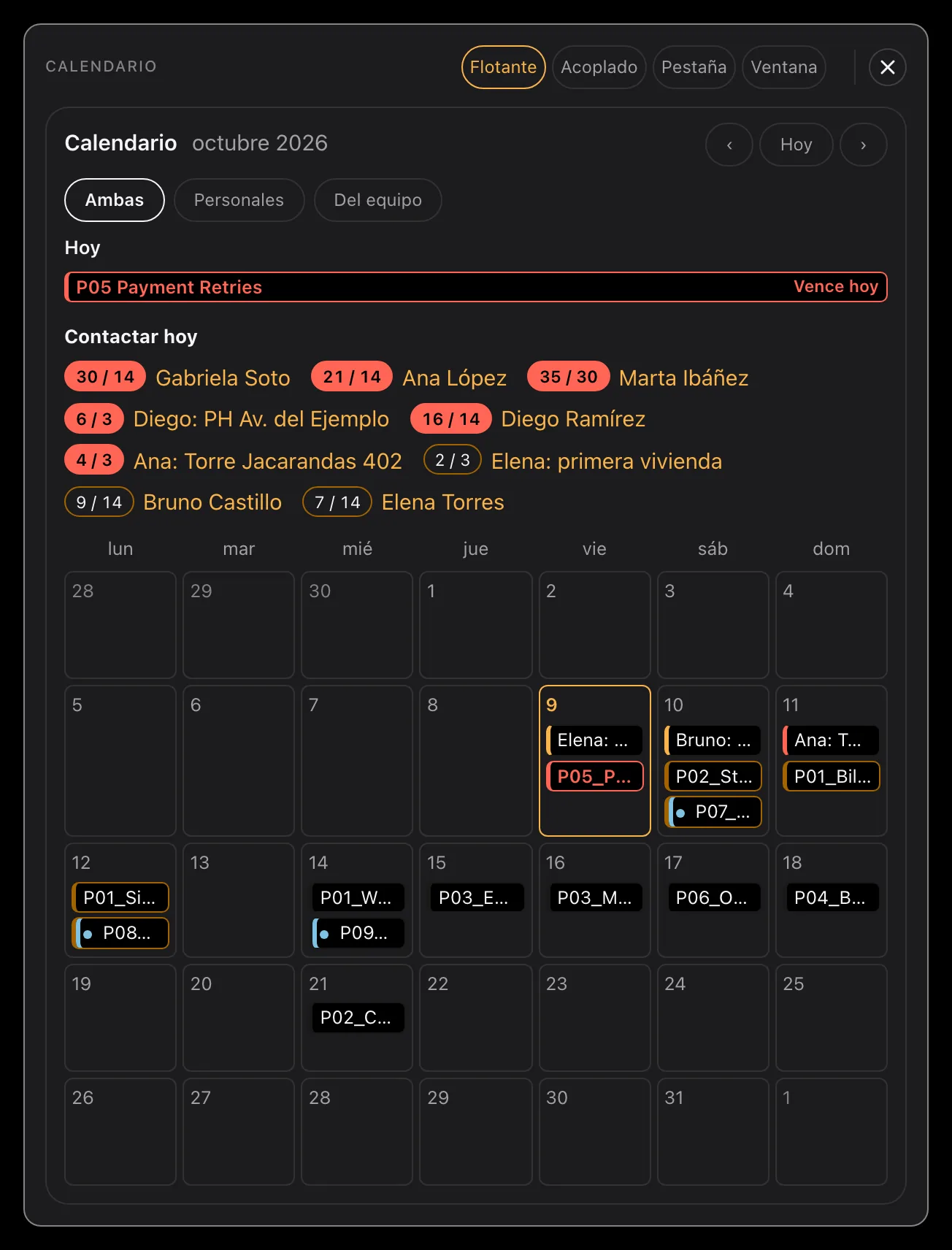 El calendario de septiembre, con el filtro puesto para ver los dos tableros. Hay entradas en varios días, las del equipo marcadas con un punto, y hoy aparece resaltado.