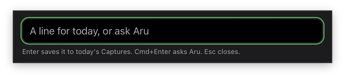 The capture window floating over whatever is on screen: one empty line reading A line for today, or ask Aru, and under it what Enter, Command with Enter, and Escape each do.