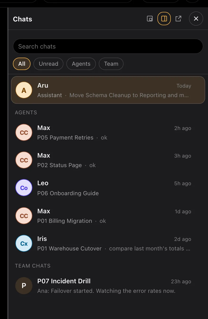 The Chats panel as one list: the assistant at the top with the last thing it was asked, then five agent conversations, each with its project and how long ago it spoke, then a team project's chat, with a search box and filters for All, Unread, Agents and Team above them.