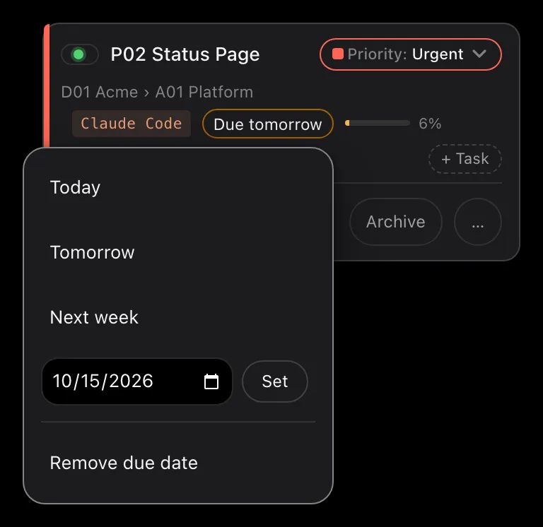 A project card's due date opened: a menu offering Today, Tomorrow, Next week, a date to choose, and Remove due date. On the cards around it, each due date is a small tag coloured by how close it is, from quiet for a week away to filled for tomorrow.