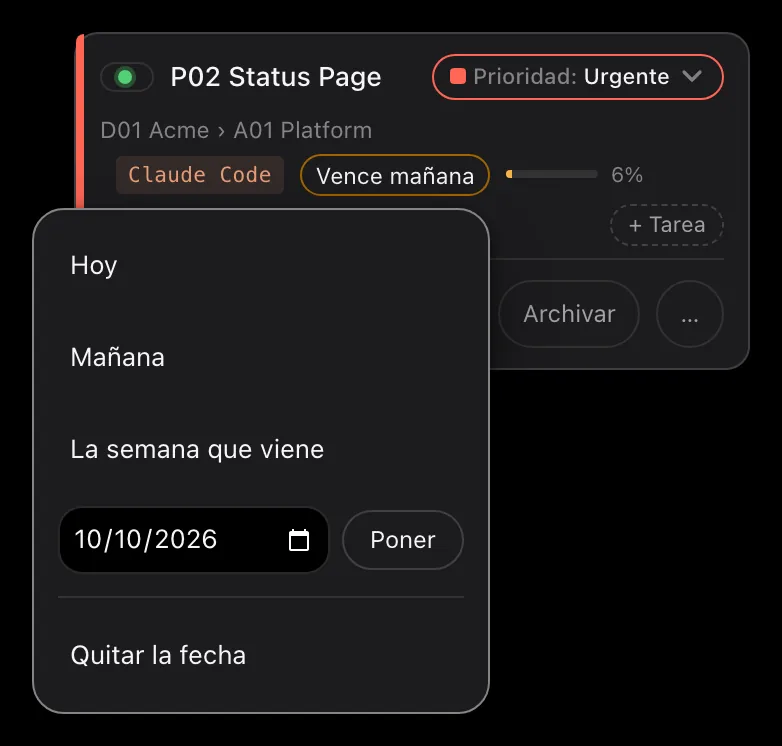 La fecha de entrega de una tarjeta, abierta: un menú con Hoy, Mañana, La semana que viene, una fecha a elegir y Quitar la fecha. En las tarjetas de alrededor, cada fecha es una etiqueta pequeña con un color según lo cerca que esté, desde discreto para dentro de una semana hasta relleno para mañana.