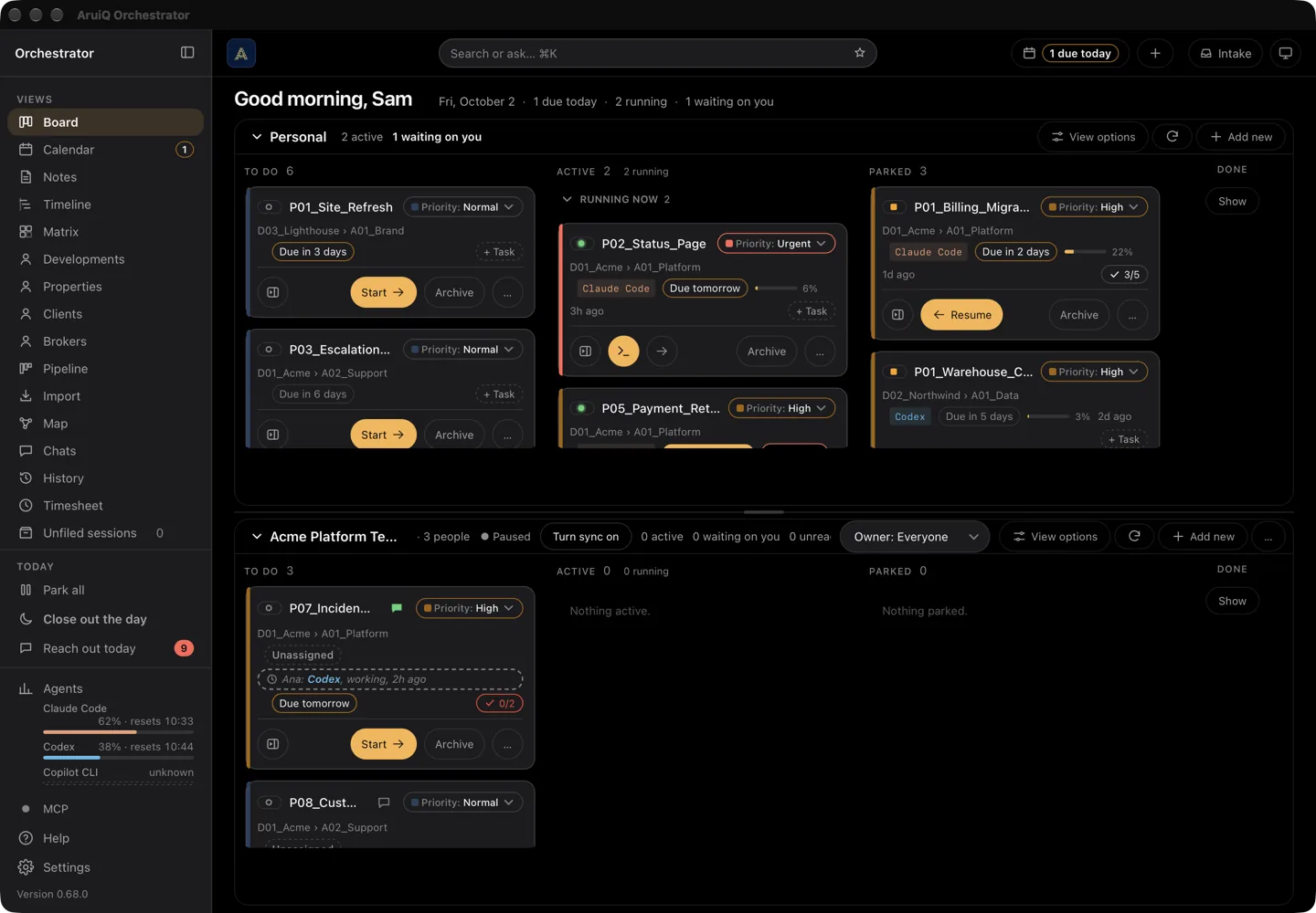 The AruiQ Orchestrator app on a Mac, open on the board. A greeting reads Good morning, Sam, with one thing due today, two running and one waiting. Below it, projects in columns: to do, active, parked and done, with an Acme Platform Team board under the personal one.