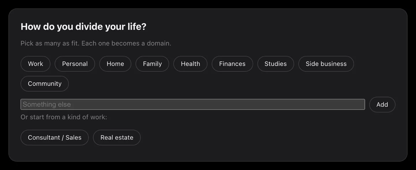 The guided setup asking how you divide your life, with work, personal, home, family, health, finances, studies, a side business and community to choose from, a box to add your own, and two kinds of work to start from instead.