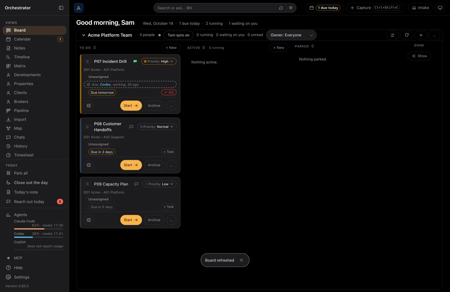 The team board on its own: three project cards, each showing who owns it, one of them unassigned with Ana working on it with Codex and when she last touched it, another due in three days, and a control above them for whose work to show.